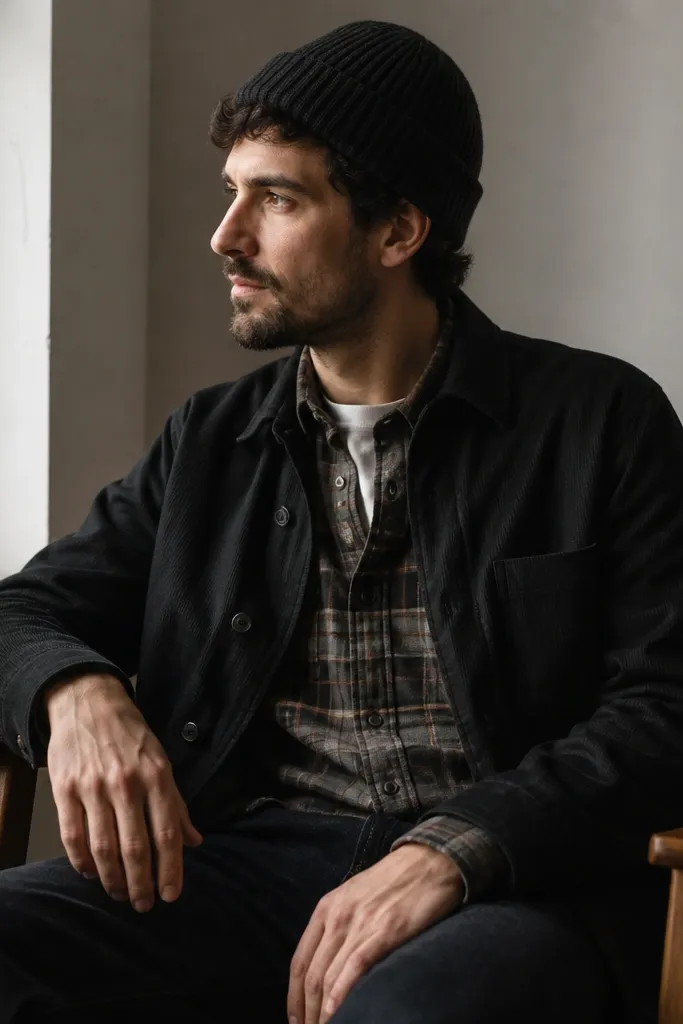 A lightweight plaid flannel worn as an inner layer under a black overshirt, with a knit beanie and dark jeans; the photo highlights the collar stacking and thin fabric drape.
