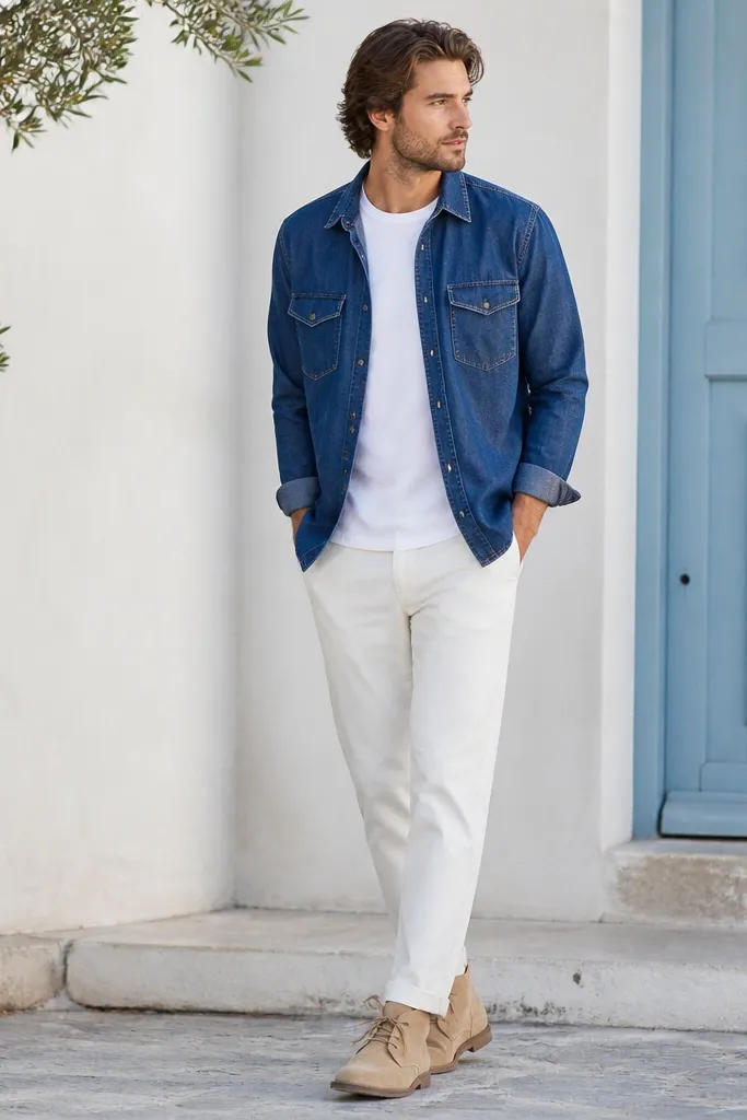 A blue denim-style flannel shirt with visible seam details, worn over a white tee; white tapered chinos and suede desert boots; clean, bright outdoor background.