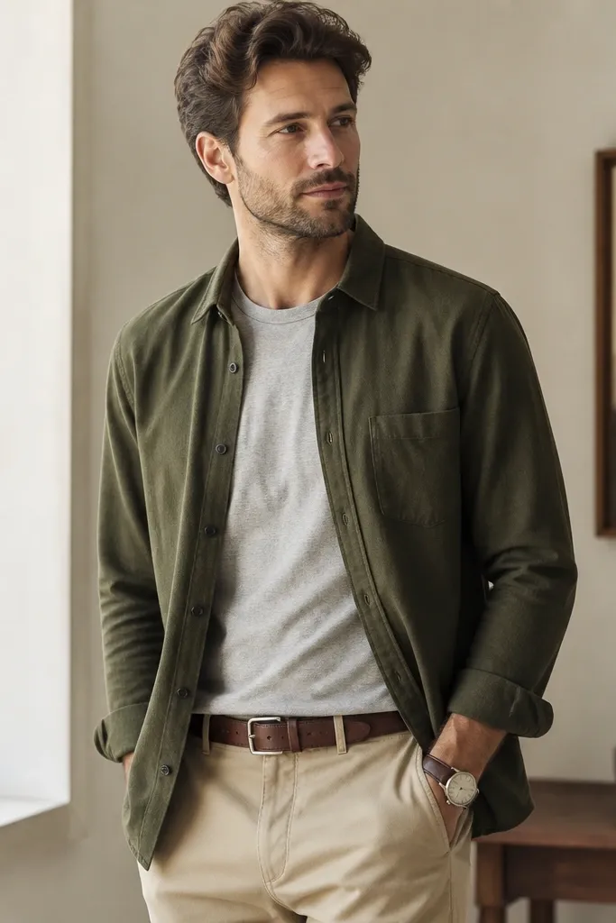 An olive solid flannel worn open like an overshirt over a heather gray t-shirt, paired with light khaki chinos and brown leather belt. The look is styled with a simple wristwatch.
