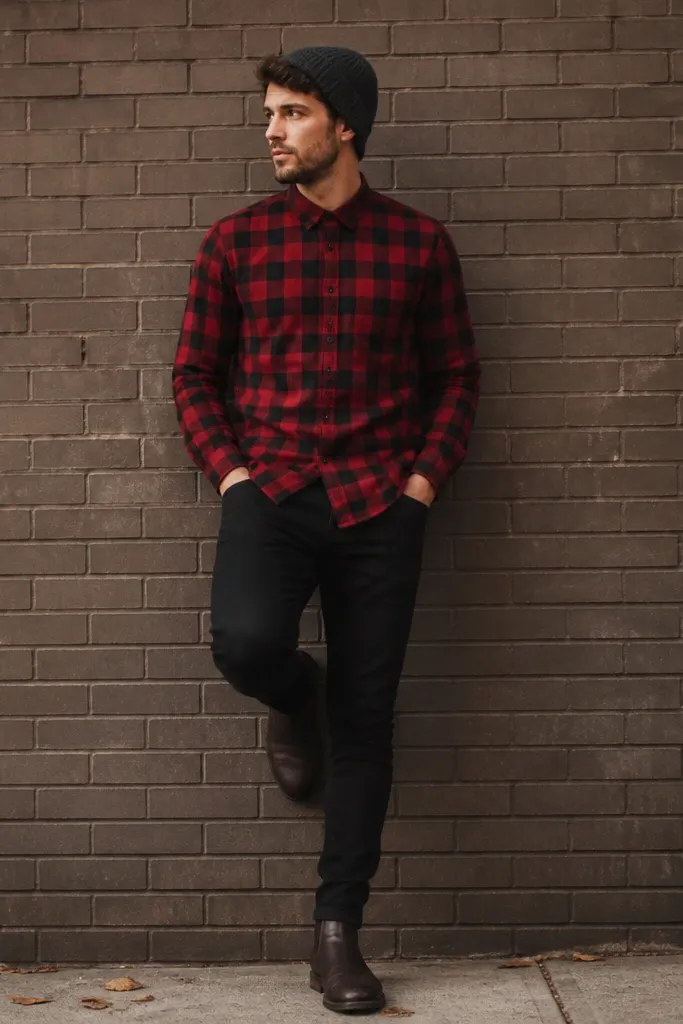 A red buffalo check flannel fully buttoned, styled with black skinny jeans and dark brown Chelsea boots. A beanie sits on the head, and the background is a muted brick wall.