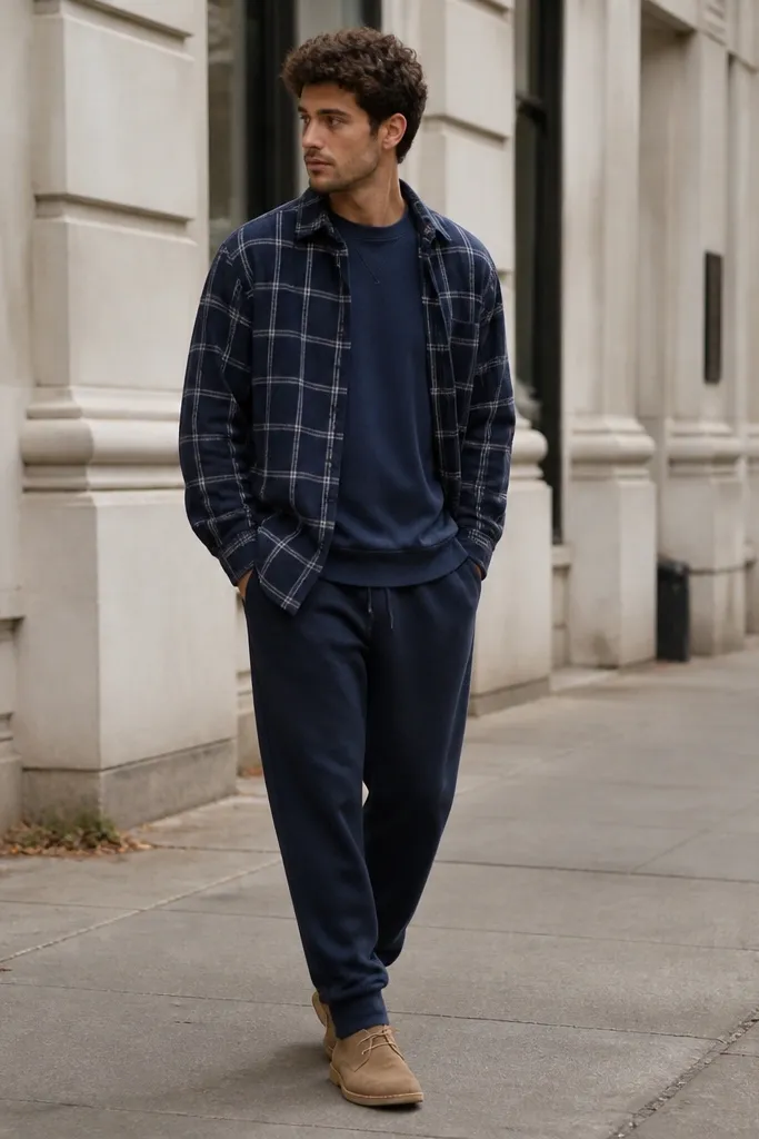 A navy plaid flannel worn open over a navy sweatshirt, paired with matching navy sweatpants and tan suede desert boots. The scene looks like a street-style photo with overcast light.
