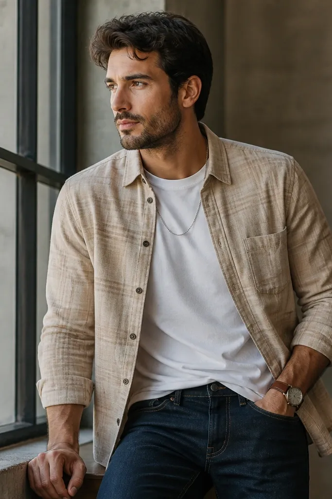 A sand beige flannel worn open over a crisp white t-shirt, paired with dark wash denim jeans. A simple silver chain and a brown watch are visible.