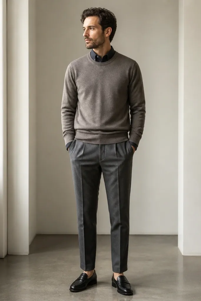A charcoal flannel shirt buttoned and worn under a neutral knit layer, paired with tapered gray trousers and black leather loafers. The outfit is neatly pressed and photographed indoors.