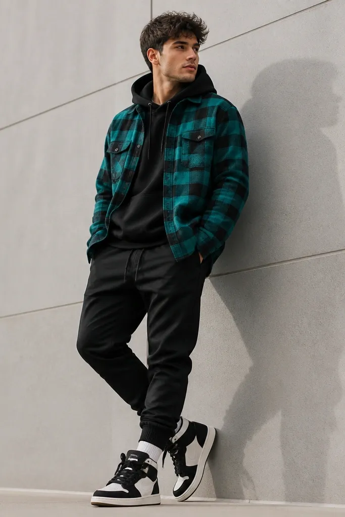 A teal-and-black plaid flannel worn open over a black hoodie, paired with black joggers and chunky black-and-white high-top sneakers. The lighting is bright and crisp.