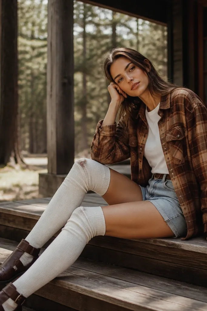 A warm brown flannel worn open over a white tee with light blue denim shorts, paired with over-the-knee socks and dark brown leather sandals or boots. The outfit is styled outdoors.