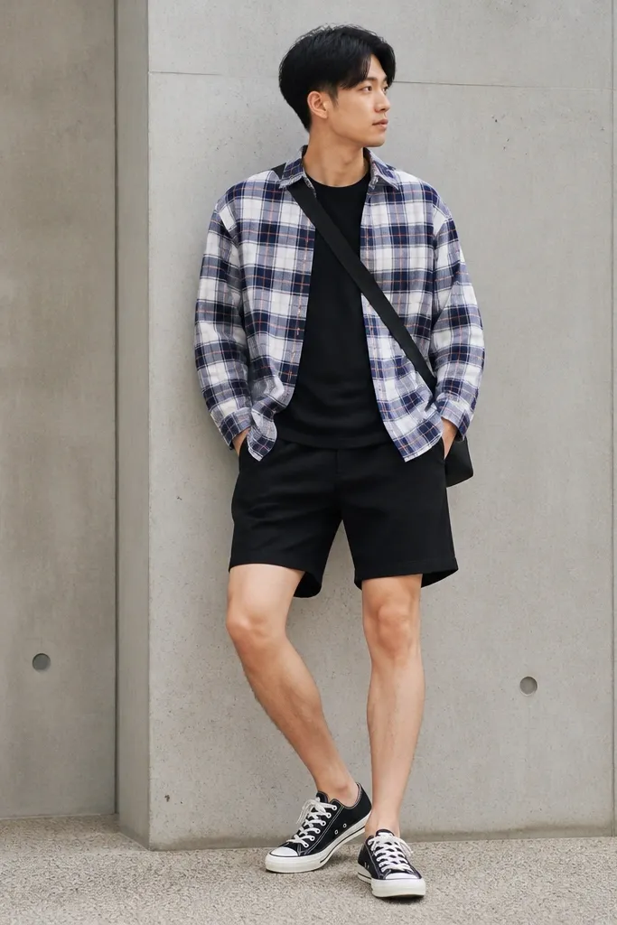 A white-and-blue plaid flannel worn open over a black t-shirt, paired with black shorts and simple canvas sneakers. A crossbody bag strap crosses the chest.
