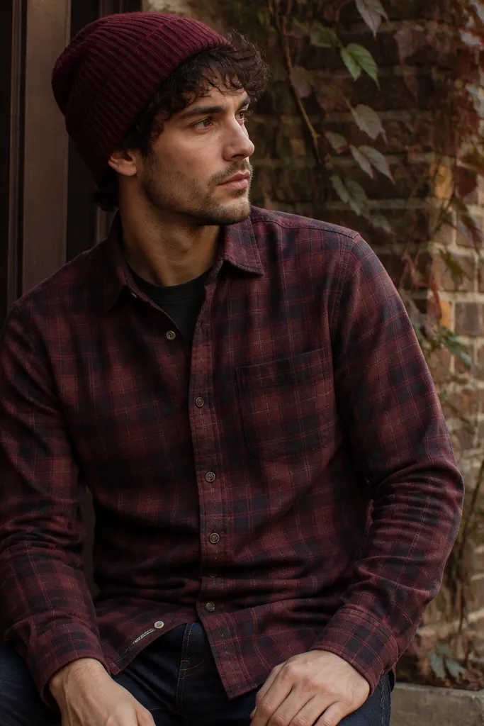 A burgundy plaid flannel buttoned with a dark tee underneath, paired with navy jeans and a knit burgundy wool beanie. The photo shows a cozy street corner background.