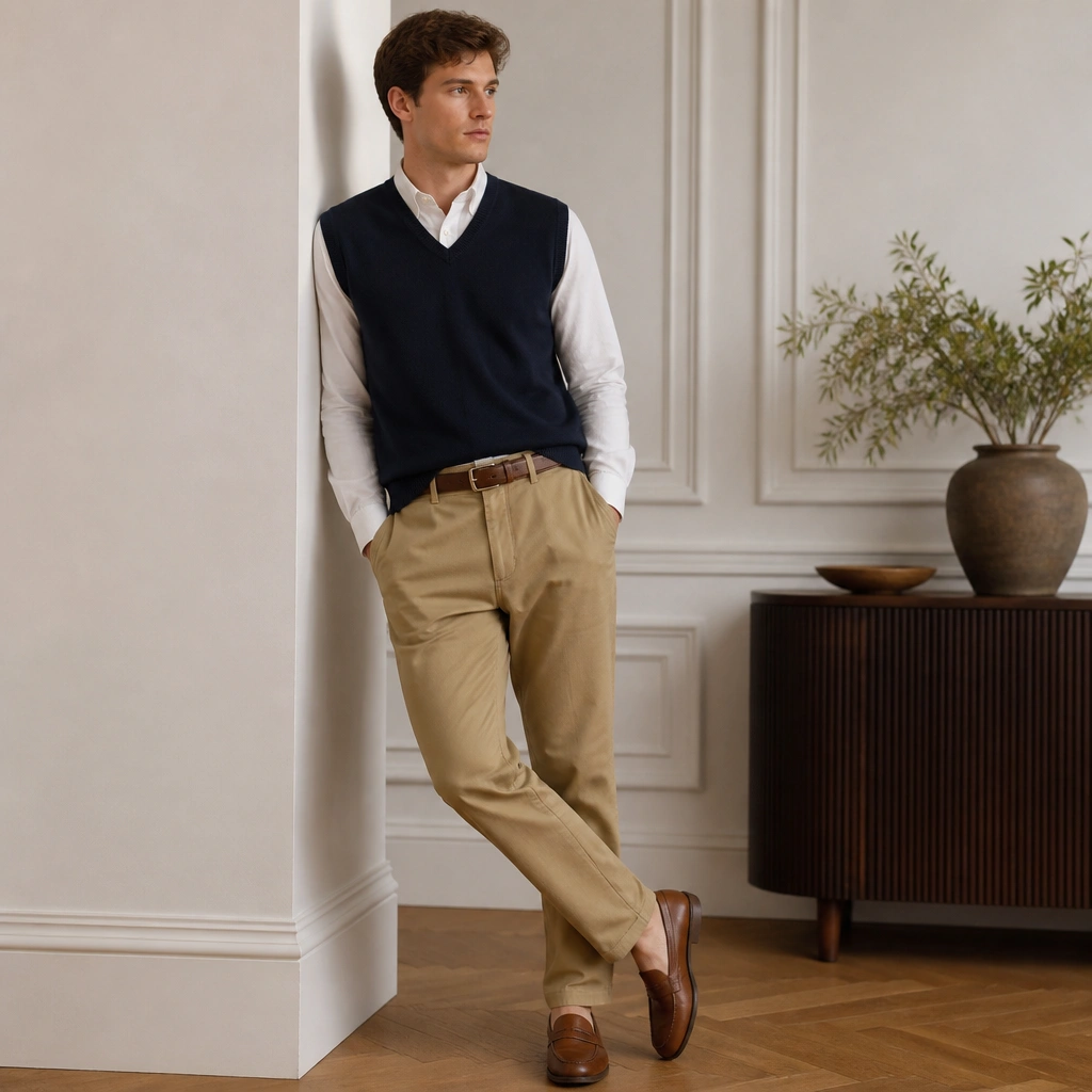 A navy V-neck sweater vest over a crisp white poplin button-up shirt, with the front half-tucked into khaki trousers. A cognac-brown belt and loafers complete the look.
