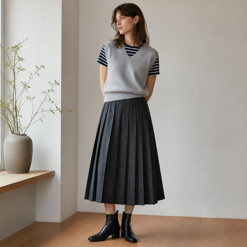 A heather gray V-neck sweater vest over a navy-and-white striped tee, paired with a charcoal pleated midi skirt and black ankle boots.