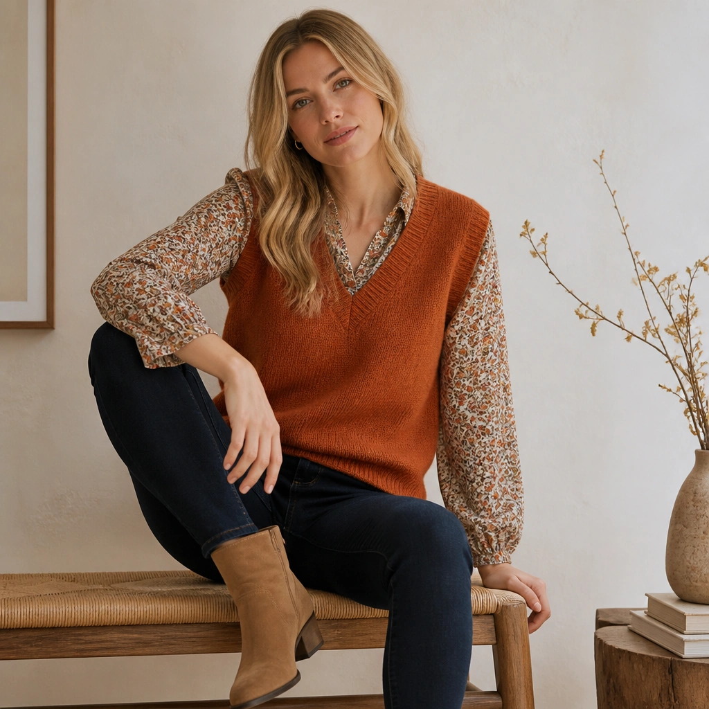 A rust-orange V-neck sweater vest worn over a long-sleeve floral top with muted tones. The outfit is paired with dark wash skinny jeans and tan suede boots.