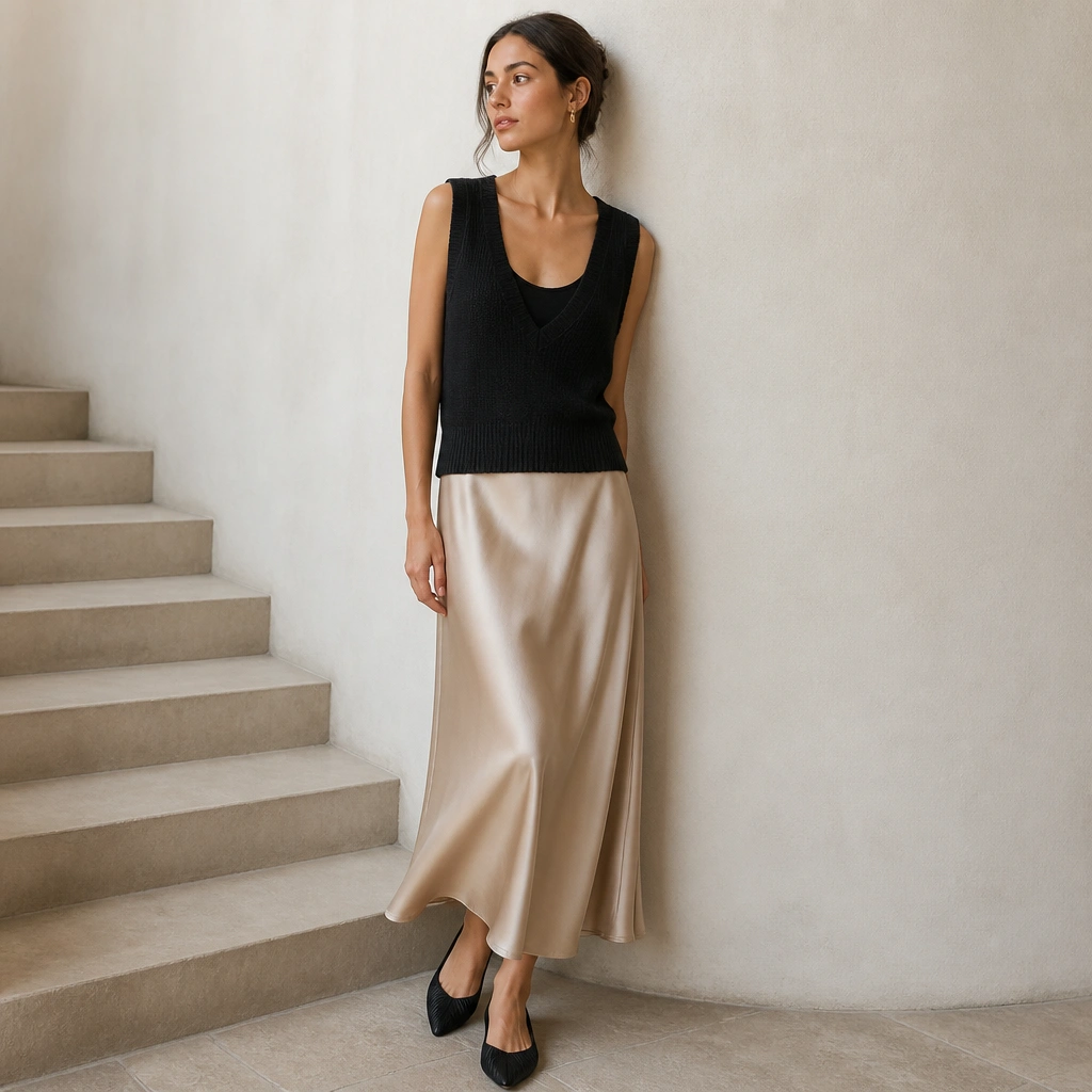A black V-neck sweater vest layered over a simple black camisole, paired with a champagne satin slip skirt and pointed-toe flats. Minimal earrings frame the neckline.