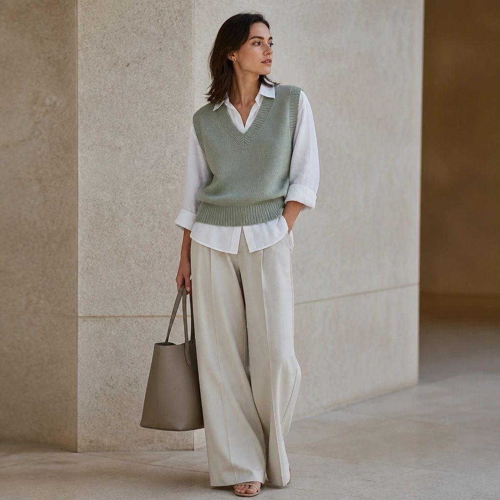 A sage green V-neck sweater vest over a white linen button-up, worn with wide-leg trousers in light stone. The person carries a structured tote bag.