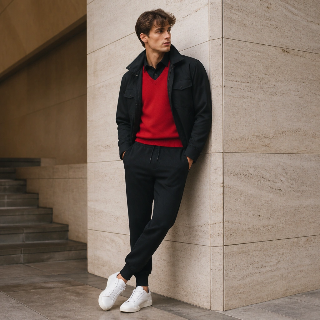 A bright red V-neck sweater vest over an all-black fitted tee, with a cropped utility jacket worn open. The person wears black joggers and white sneakers.