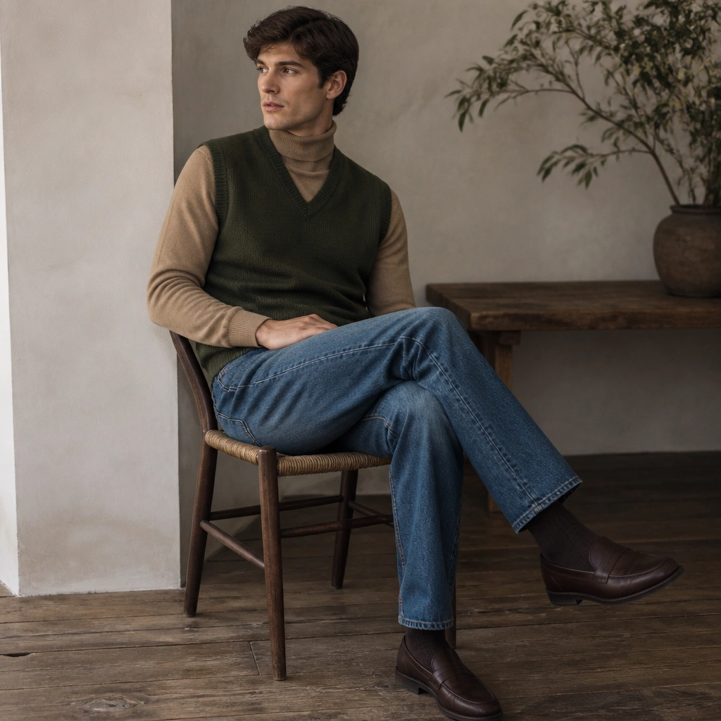 A moss green V-neck sweater vest over a tan turtleneck, styled with straight medium-wash jeans and dark brown leather loafers.