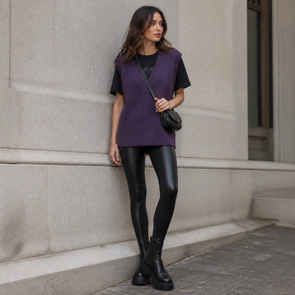 A purple V-neck sweater vest layered over a black graphic tee. The lower half is leather-look leggings with chunky black boots and a crossbody bag.