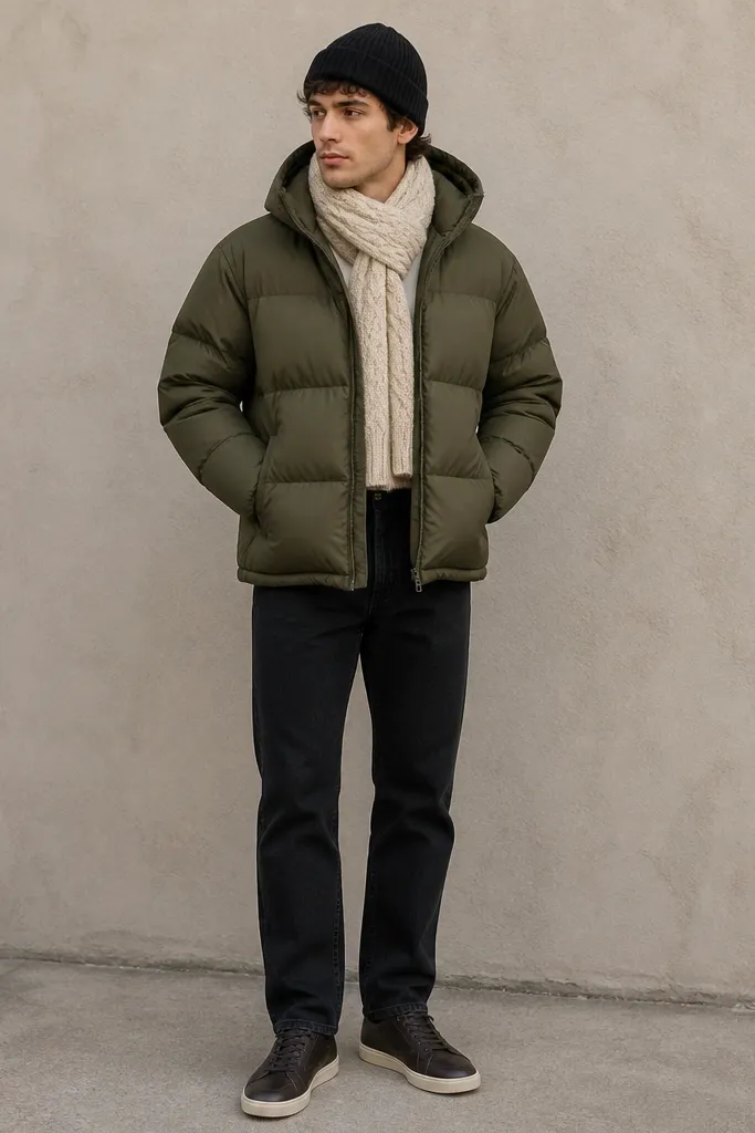 An olive green puffer jacket worn with black straight-leg jeans and a cream cable-knit scarf. A black beanie and dark leather sneakers finish the look, shown against a neutral wall.