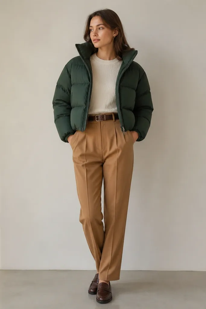 A forest green puffer jacket paired with high-waisted camel trousers and a brown leather belt. The scene shows a simple tucked-in knit top, loafers, and a clean, minimal background.
