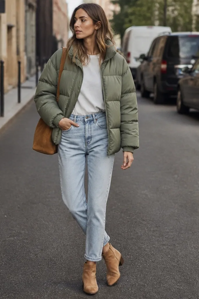 A muted green puffer over a white tee with light wash denim jeans and tan suede ankle boots. The image is taken on a street with parked cars, with a tan shoulder bag visible.