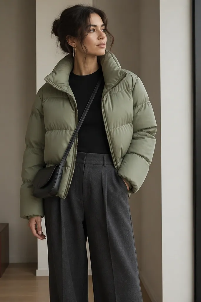 A sage green puffer worn with charcoal wide-leg trousers and a fitted black top. Silver hoop earrings and a sleek crossbody bag are visible, photographed indoors by a window.