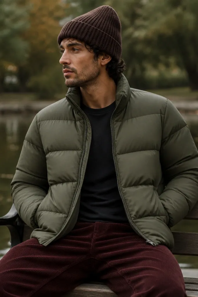 An olive green puffer layered over a dark tee, paired with burgundy corduroy pants and a chunky knit beanie. The outfit is shot outdoors with a park background and warm natural tones.