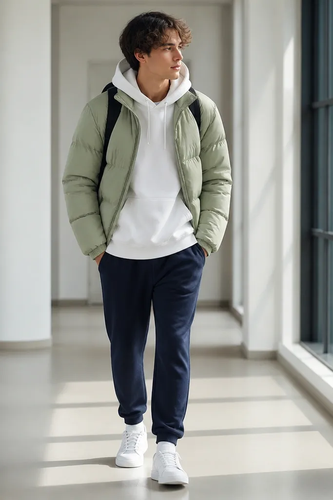 A sage green puffer worn over a white oversized hoodie, paired with navy joggers and clean white sneakers. A minimal backpack is visible, photographed in a bright indoor hallway.