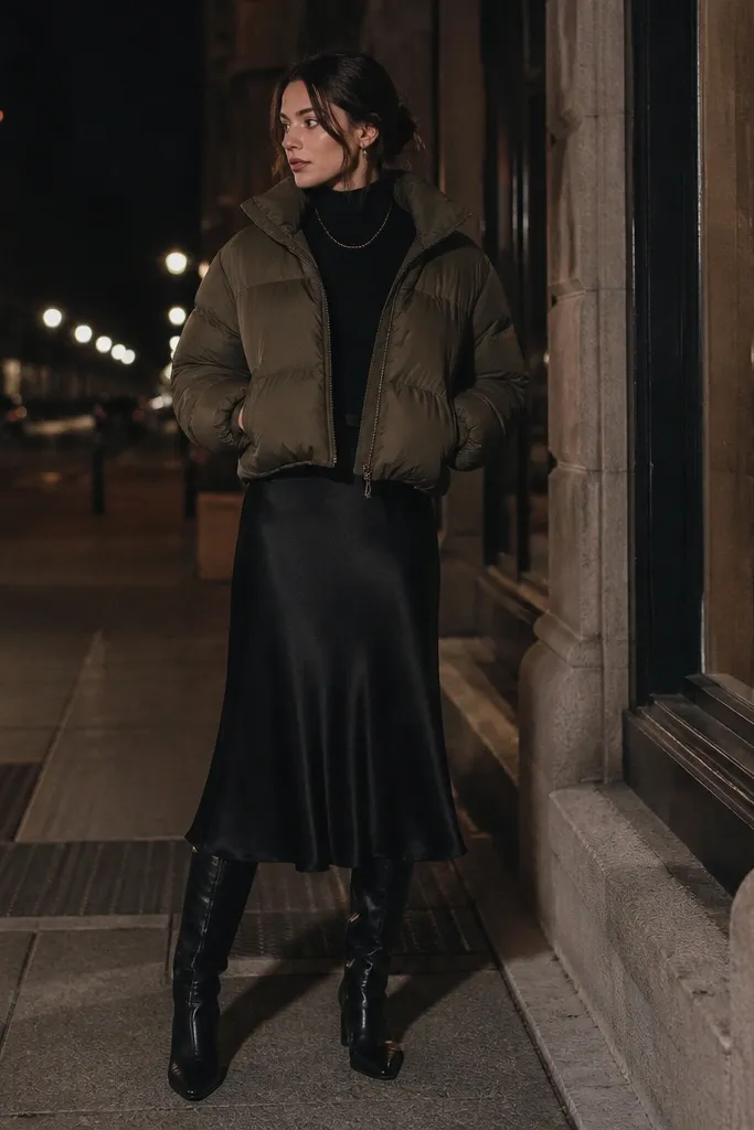 An olive green puffer layered over a black midi slip skirt, with knee-high black boots and a fitted long-sleeve top. The photo shows a nighttime city vibe with soft street lighting.