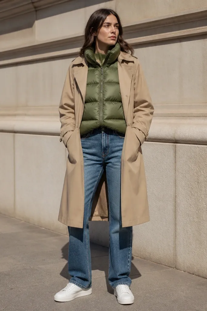 A green puffer partially worn under a tan trench coat, with medium-wash denim jeans and white sneakers. The trench hem is visible over the puffer, and the outfit is photographed on a sunny day.