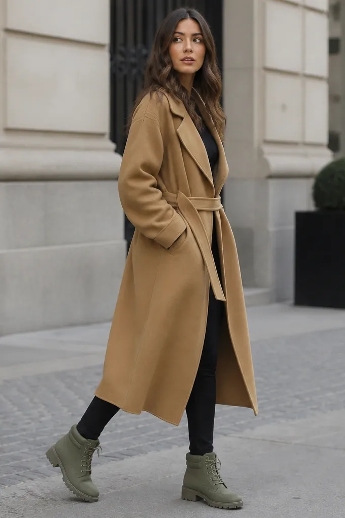 Sage green Timberland boots paired with black leggings and a long camel trench coat; the coat is open with a belt tied loosely at the waist.