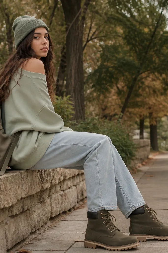Olive green Timberland boots with light wash straight-leg jeans and an oversized sage hoodie worn off the shoulder; a beanie and a casual backpack are shown.