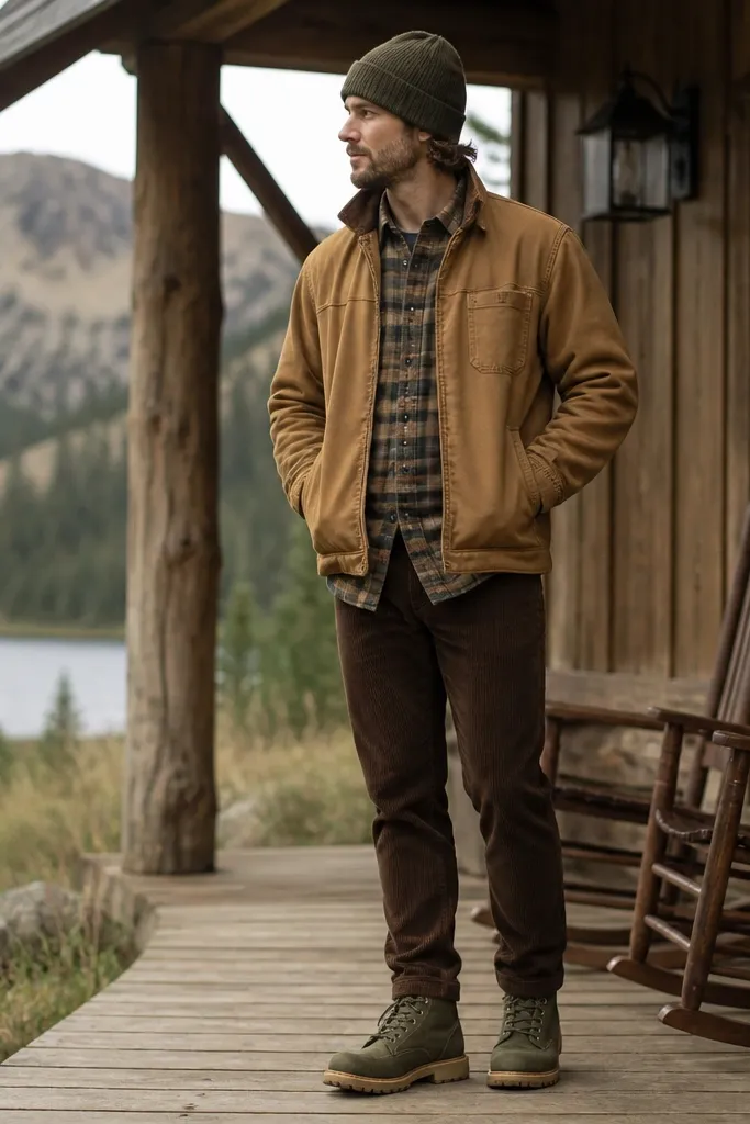 Moss green Timberland boots under a tan chore jacket with a plaid flannel button-up underneath; the outfit includes brown corduroy pants and a knit beanie.