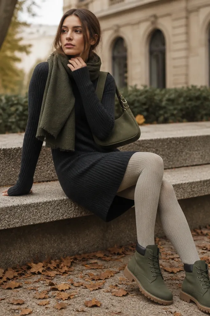 Green Timberland boots with a charcoal ribbed sweater dress and oat-colored tights; a small olive shoulder bag and a scarf in muted green are visible.