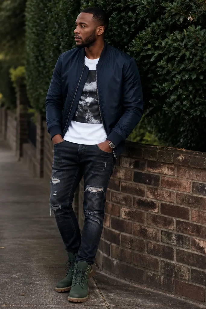 Forest green Timberland boots with a navy bomber jacket over a white graphic tee, distressed dark jeans, and a leather watch; the look is photographed outdoors on a sidewalk.