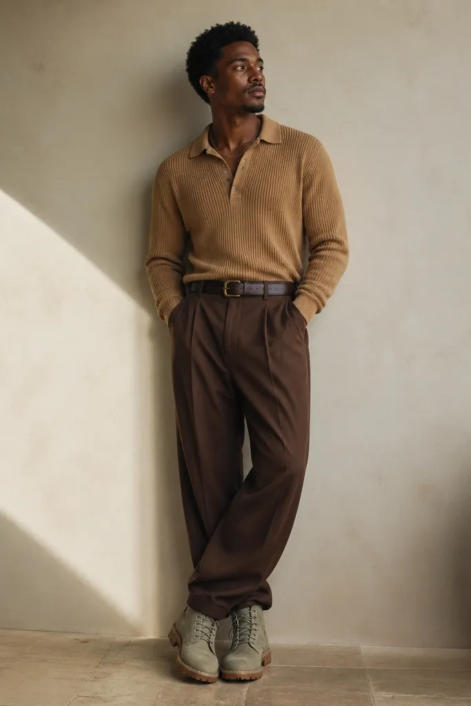 Sage green Timberland boots styled with a camel knit polo shirt tucked into brown wide-leg pants; a belt and minimal gold chain are visible.