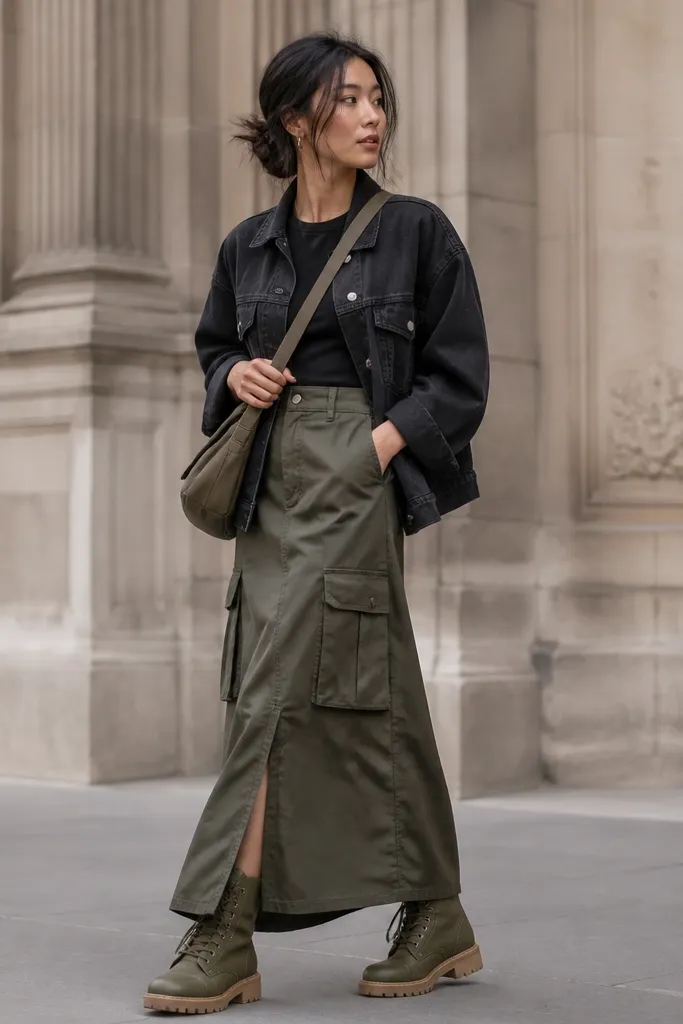 Moss green Timberland boots with an olive cargo skirt (or long skirt) paired with a black denim jacket; a fitted black top and a crossbody bag are shown.