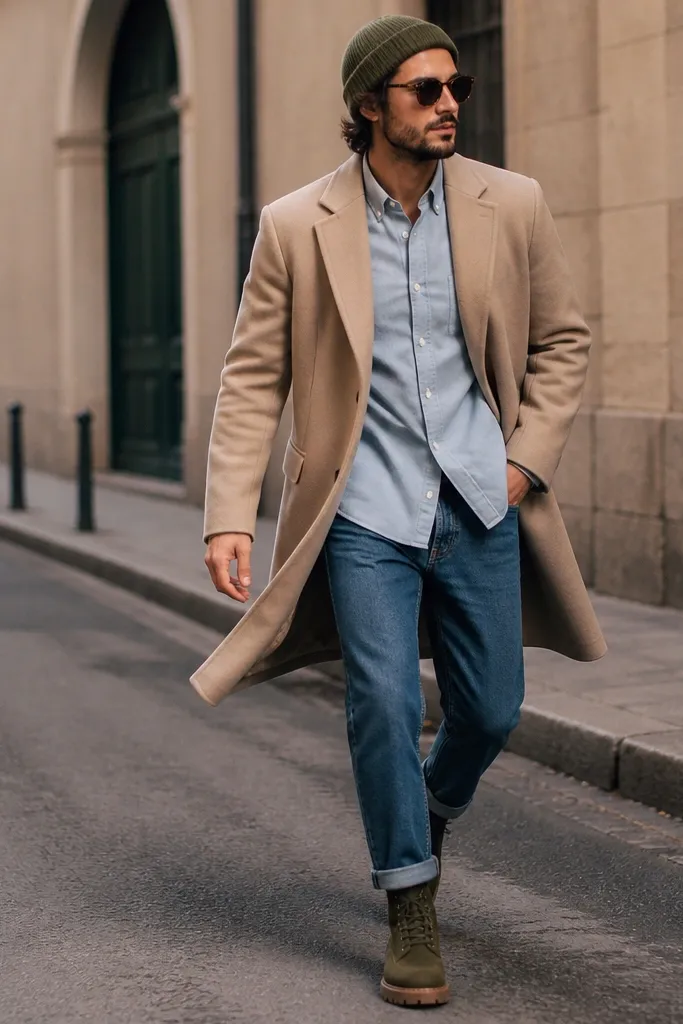 Olive green Timberland boots on a street with a beige overcoat over a light blue button-up shirt and rolled-cuff jeans; sunglasses and a knit beanie appear in frame.