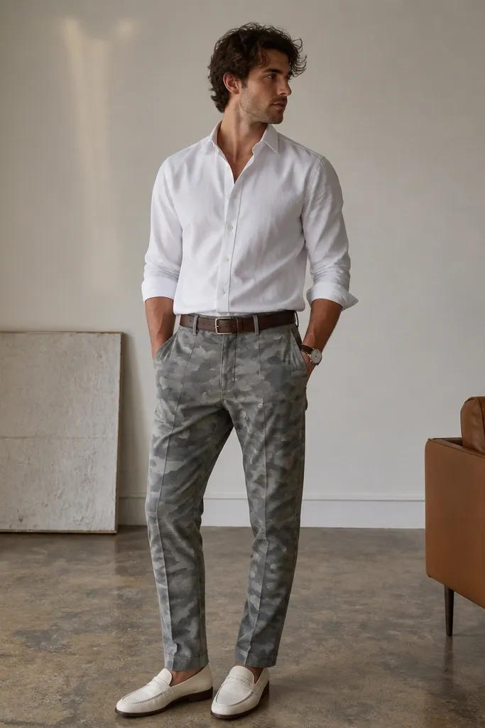 Grey camo pants styled with cream leather loafers and an espresso-brown belt, worn with a crisp white button-down shirt and a minimal watch.