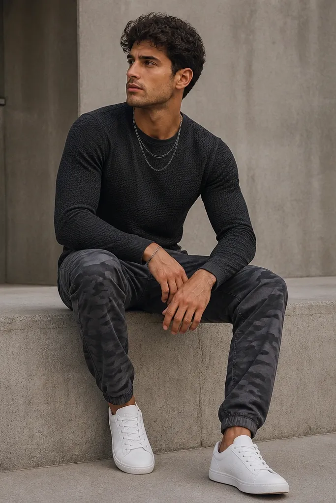 Grey camo pants with clean white low-top sneakers, a dark grey/black athletic-style knit top, and a layered gunmetal chain necklace.