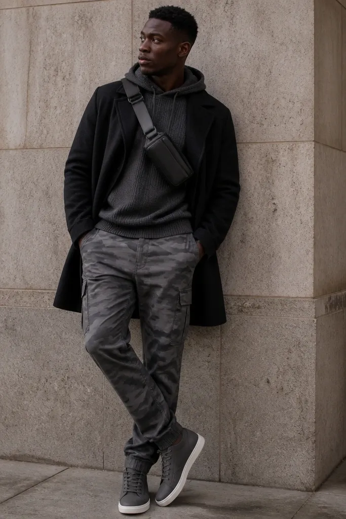 Grey camo pants with charcoal high-top sneakers, a compact structured belt bag worn crossbody, and a charcoal knit hoodie layered under a dark coat.