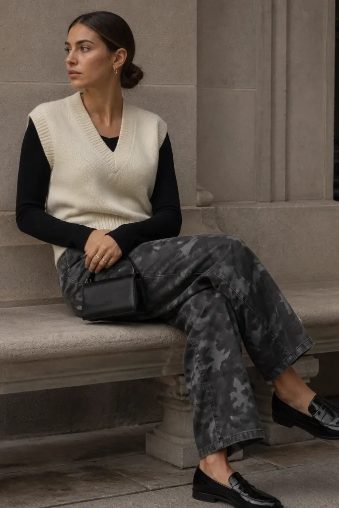 Grey camo pants with black patent leather loafers, a cream sweater vest over a fitted black long-sleeve, and a sleek black mini bag.