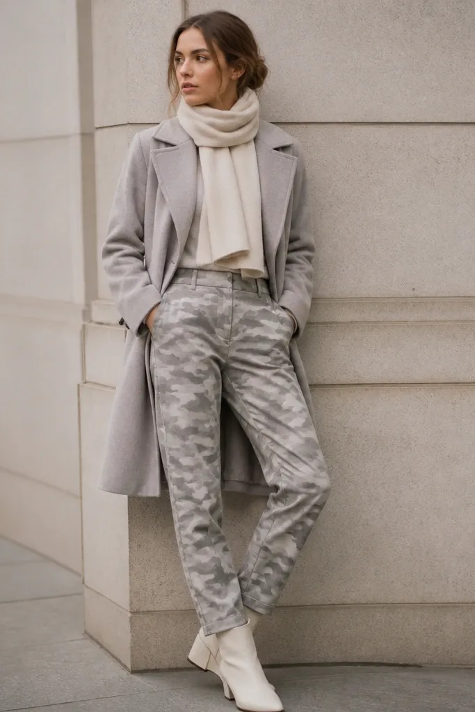 Grey camo pants with white leather ankle boots, a light grey overcoat, and a cream scarf tucked at the neck.