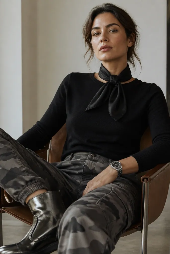 Grey camo pants with gunmetal metallic boots, a black top, and a small black satin scarf tied at the neck; a metallic watch face is visible.