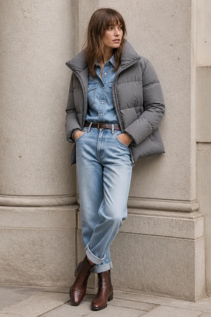 A person wearing a medium-grey puffer jacket layered over a light blue straight-leg denim outfit. The jeans are cuffed once, showing a clean ankle, with brown leather boots underneath.