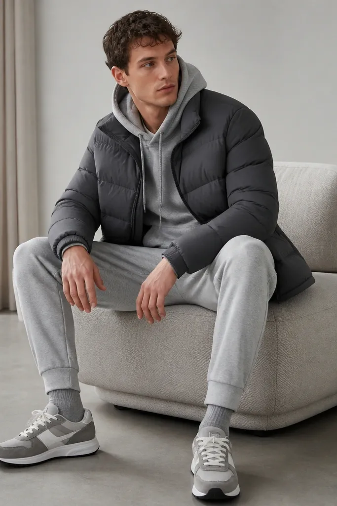A model in a dark grey puffer over a mid-grey hoodie and heather-grey joggers. The look is finished with grey socks and grey/white sneakers for a tonal effect.