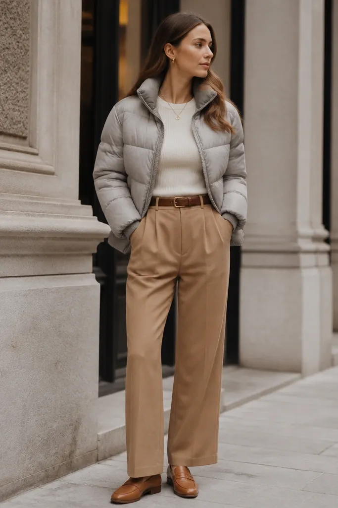 A light grey puffer jacket paired with high-waisted camel trousers and a white knit top. The outfit includes a belt, minimal gold jewelry, and tan loafers.
