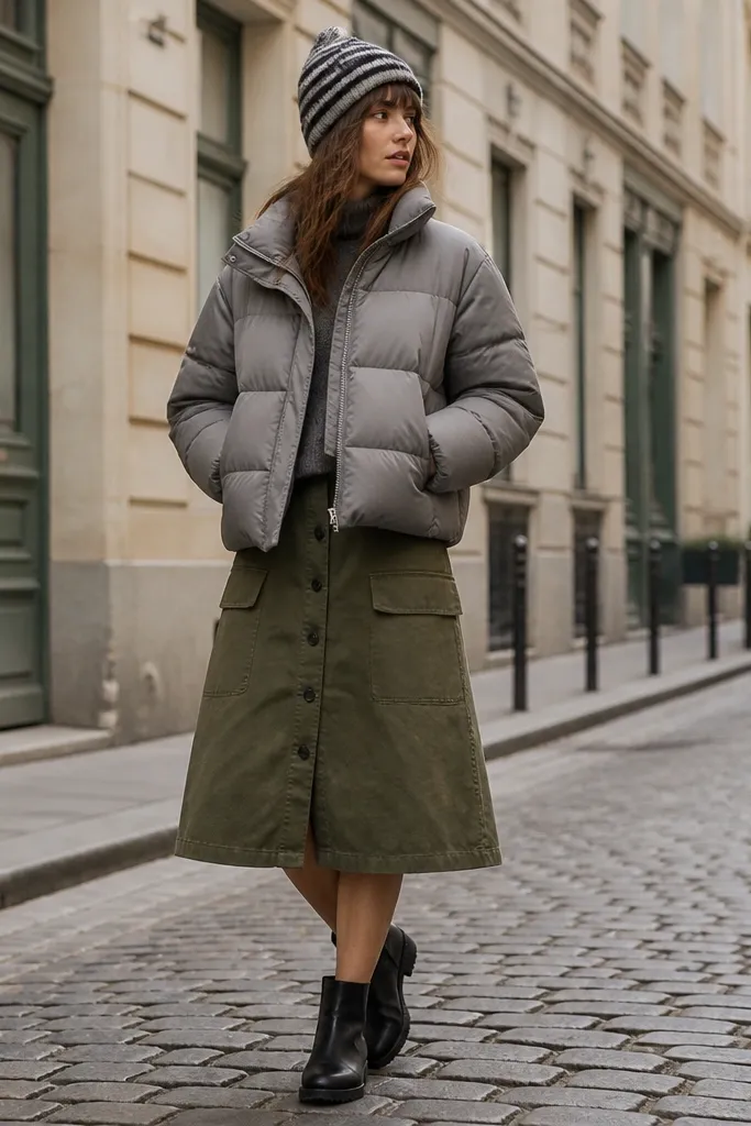 A grey puffer jacket worn with an olive green utility skirt featuring buttons and a slight A-line shape. The outfit is completed with black ankle boots and a striped knit beanie.