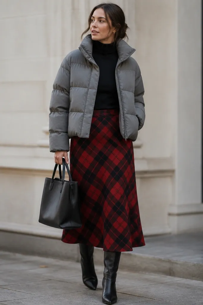 A person wearing a medium-grey puffer over a fitted black turtleneck. A red-and-black plaid midi skirt is styled with black knee-high boots and a structured black tote.