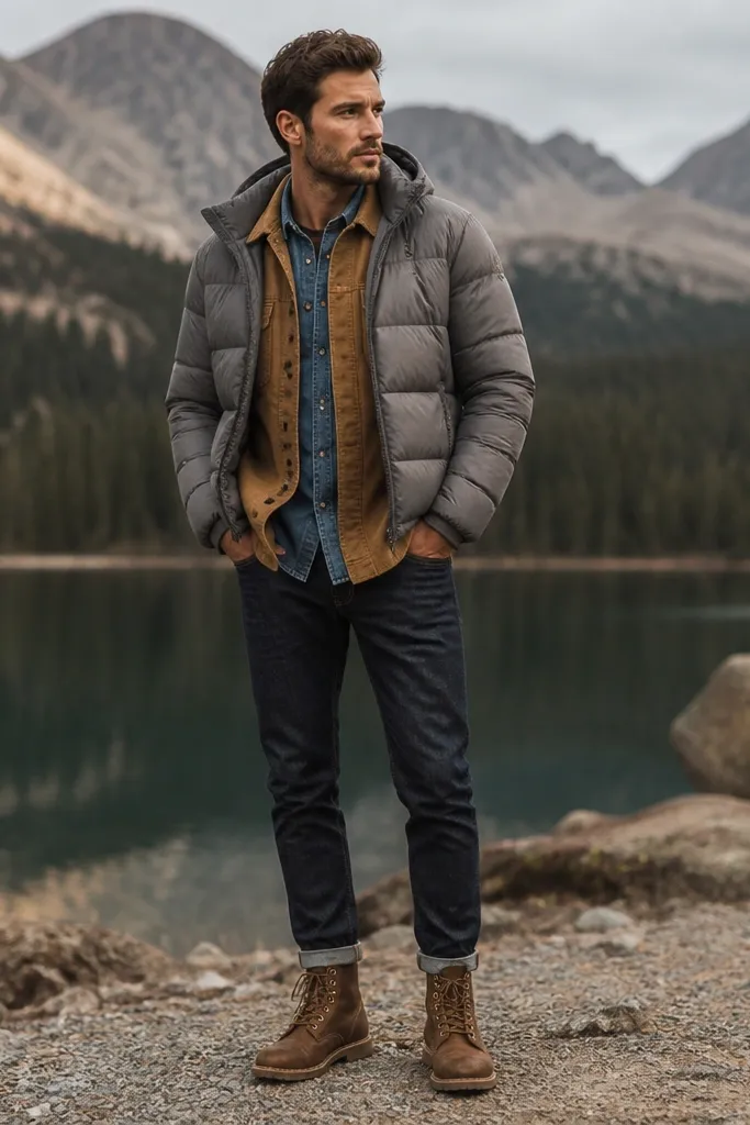 A grey puffer layered over a tan corduroy overshirt and a blue denim shirt. The outfit includes dark jeans and rugged brown lace-up boots.