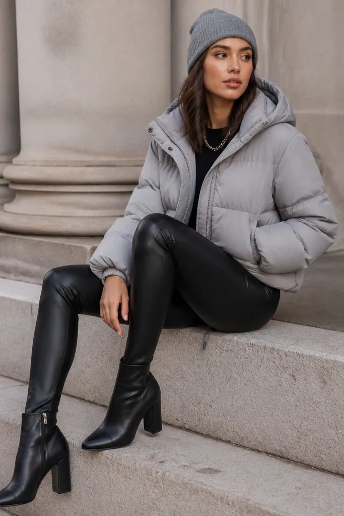 A light or medium grey puffer jacket paired with black faux-leather leggings. The look includes a grey knit beanie, a silver chain necklace, and black heeled ankle boots.
