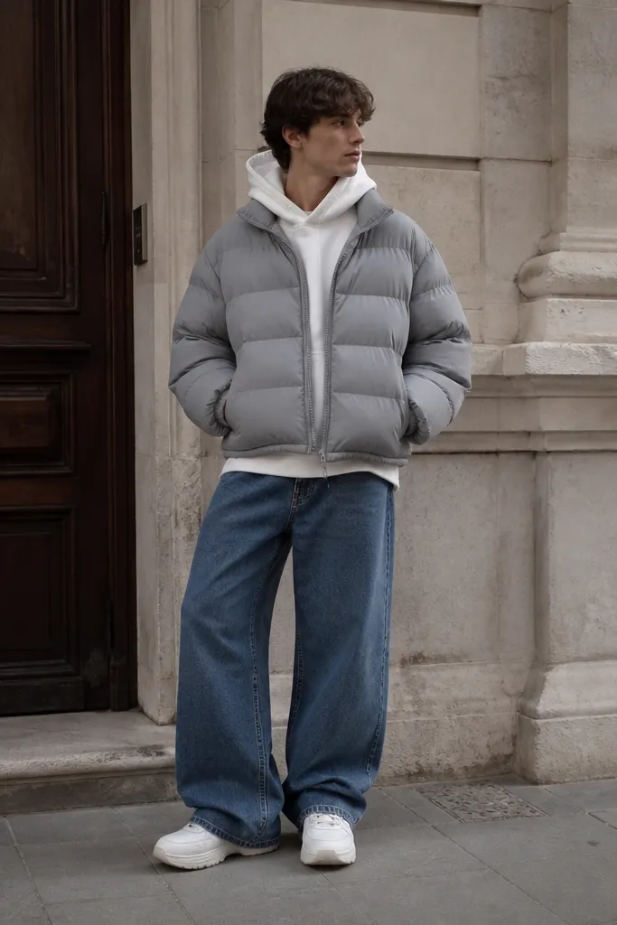 A grey puffer jacket worn over an oversized white hoodie. The person wears wide-leg blue jeans with a slight break at the shoe and chunky white sneakers.