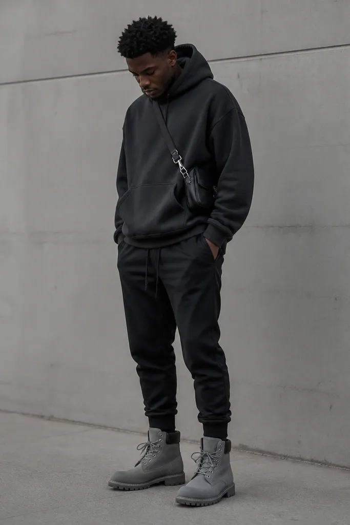 Grey Timberland boots styled with a charcoal hoodie, black joggers, and a small crossbody bag with silver hardware. The outfit looks monochrome with the grey boots as the contrast.